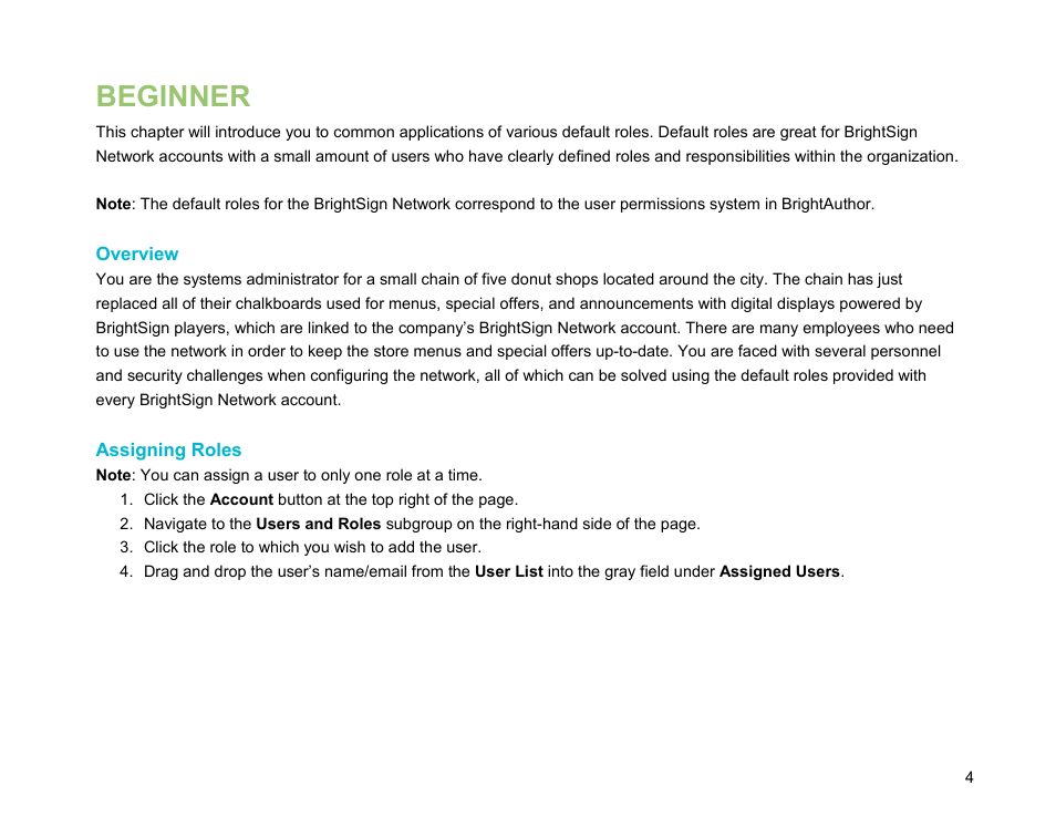Beginner, Overview, Assigning roles | BrightSign Network WebUI Permissions User Guide v.1.0 User Manual | Page 6 / 15