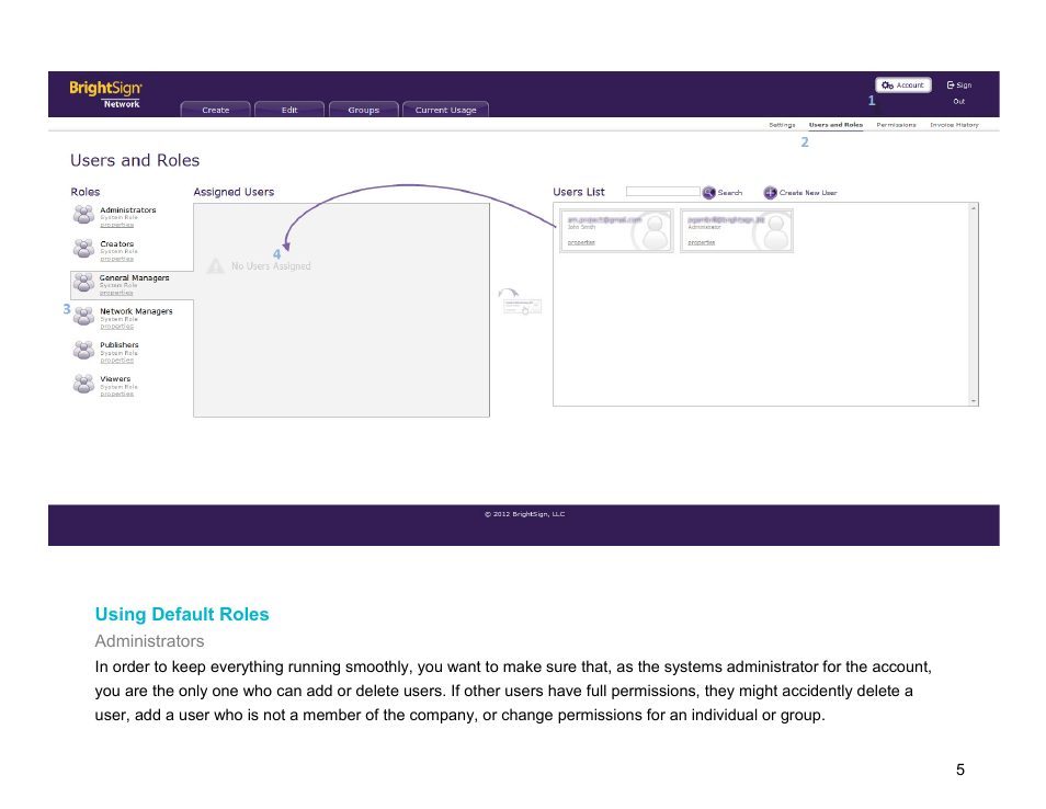 Using default roles | BrightSign Network WebUI Permissions User Guide v.1.0 User Manual | Page 7 / 15