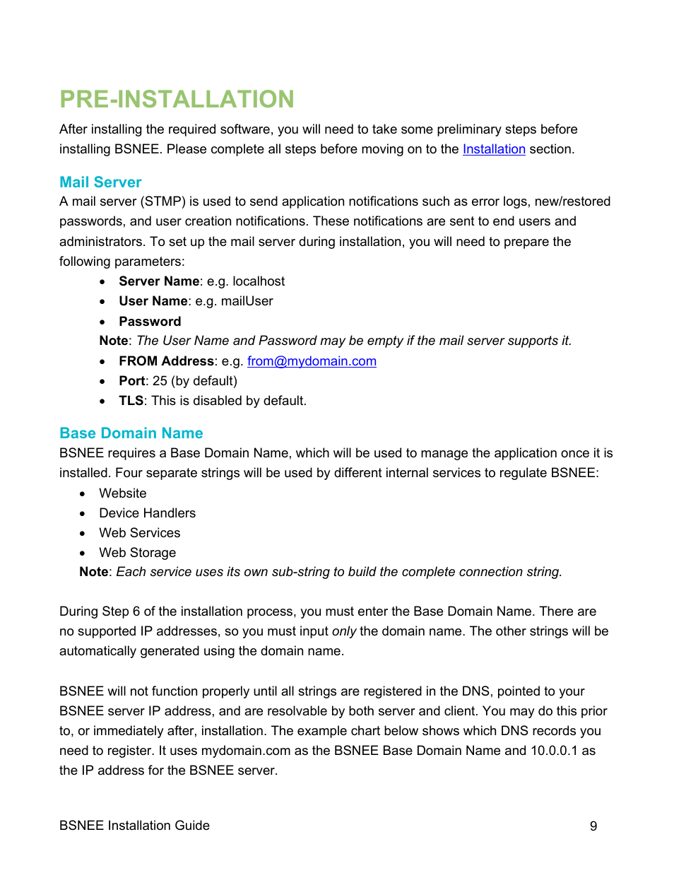 Pre-installation, Mail server, Base domain name | BrightSign BSNEE Installation Guide v.4.0 User Manual | Page 12 / 30