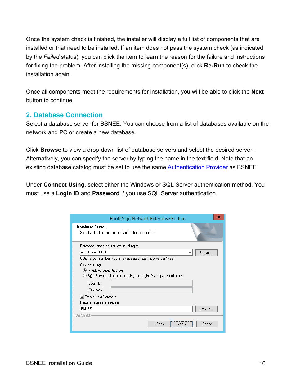 Database connection | BrightSign BSNEE Installation Guide v.4.0 User Manual | Page 19 / 30