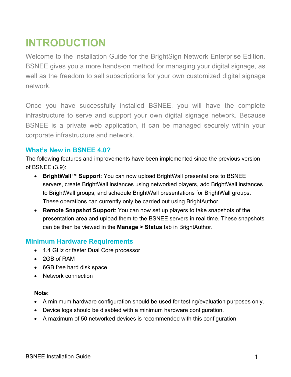 Introduction, What’s new in bsnee 4.0, Minimum hardware requirements | BrightSign BSNEE Installation Guide v.4.0 User Manual | Page 4 / 30