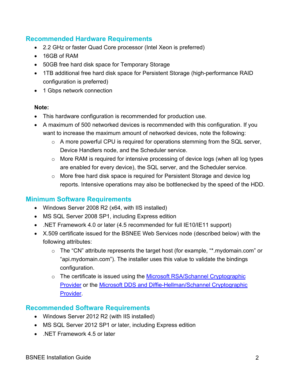 Recommended hardware requirements, Minimum software requirements, Recommended software requirements | BrightSign BSNEE Installation Guide v.4.0 User Manual | Page 5 / 30