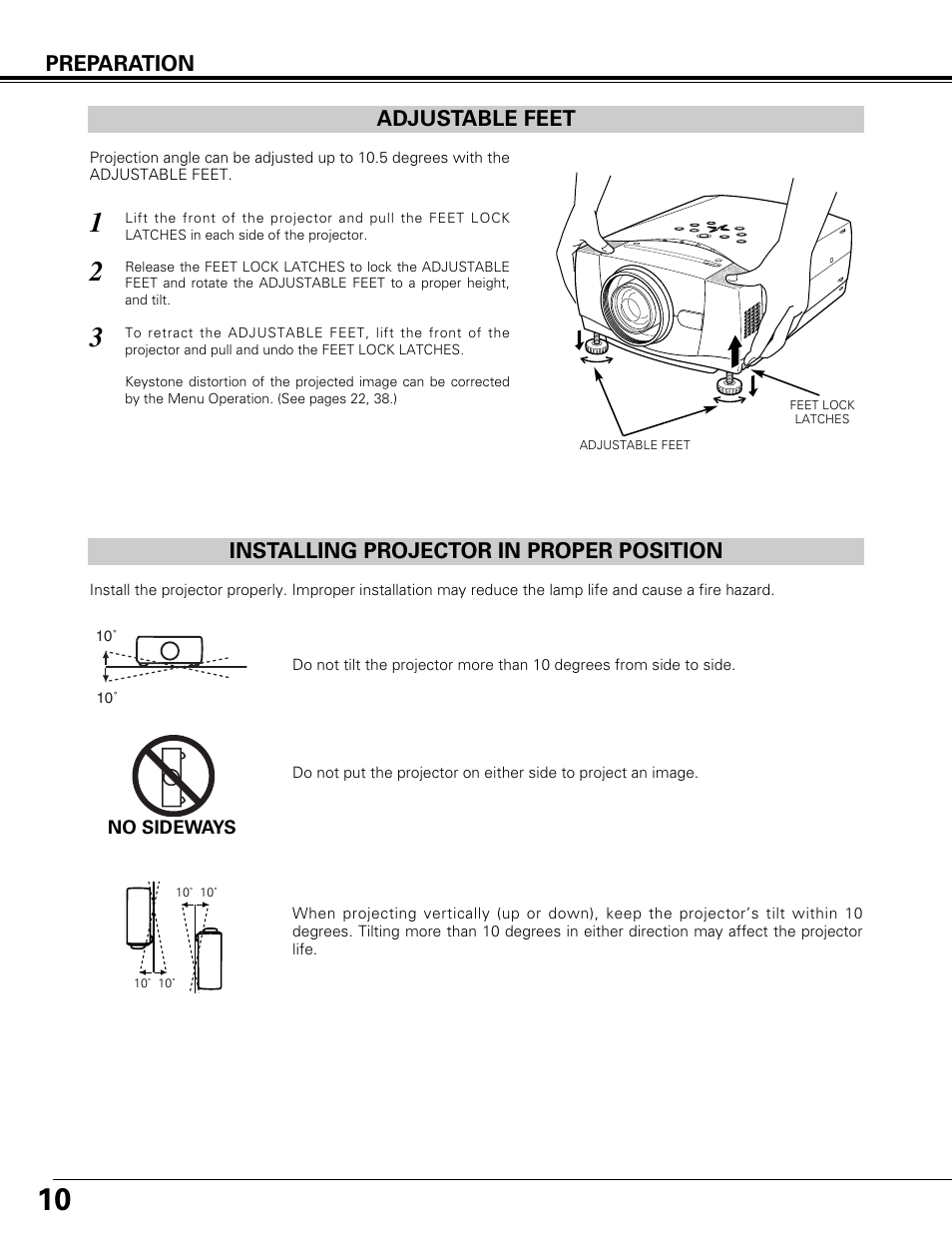 Adjustable feet, Installing projector in proper position | Canon LV-7575 User Manual | Page 10 / 63