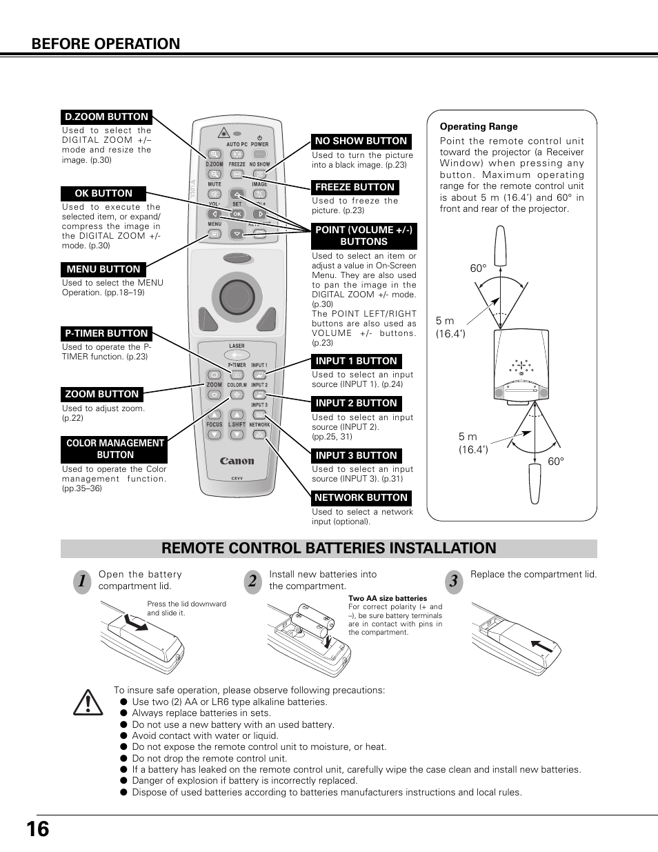 Remote control batteries installation, Before operation | Canon LV-7575 User Manual | Page 16 / 63