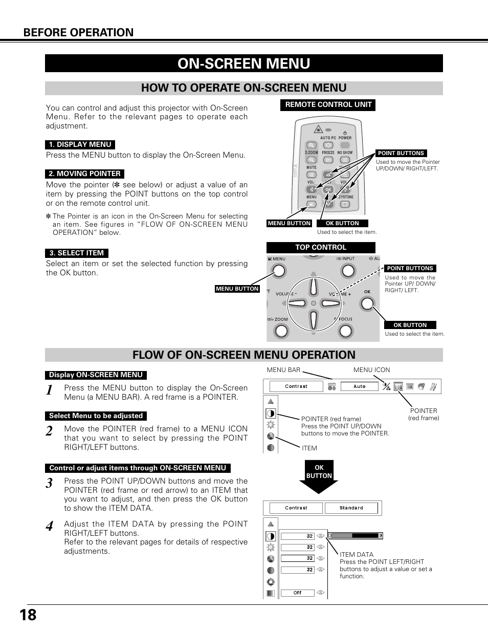 On-screen menu, How to operate on-screen menu, Flow of on-screen menu operation | Before operation how to operate on-screen menu | Canon LV-7575 User Manual | Page 18 / 63