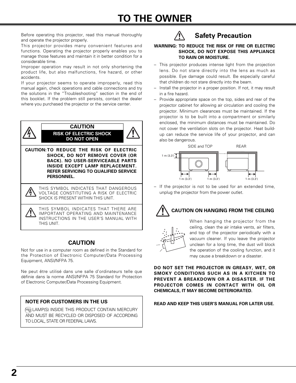 To the owner, Safety precaution | Canon LV-7575 User Manual | Page 2 / 63