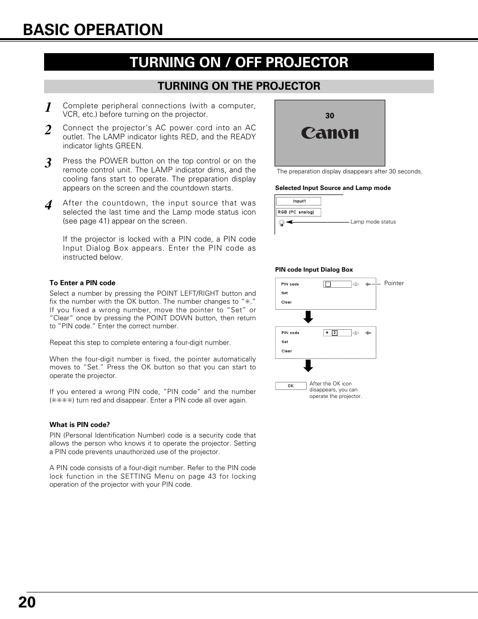 Basic operation, Turning on / off projector, Turning on the projector | Turning on/off projector, 20 basic operation | Canon LV-7575 User Manual | Page 20 / 63