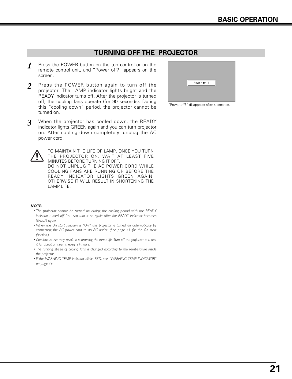 Turning off the projector, Basic operation | Canon LV-7575 User Manual | Page 21 / 63