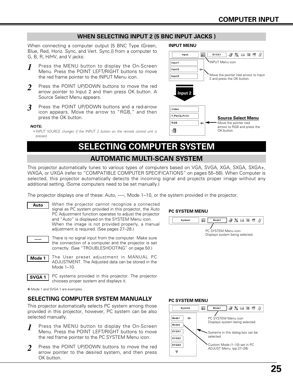 Selecting computer system, Computer input, Automatic multi-scan system | Canon LV-7575 User Manual | Page 25 / 63