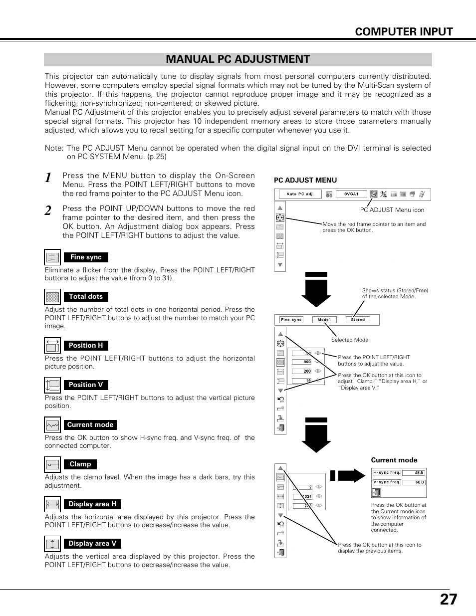 Manual pc adjustment, Computer input manual pc adjustment | Canon LV-7575 User Manual | Page 27 / 63