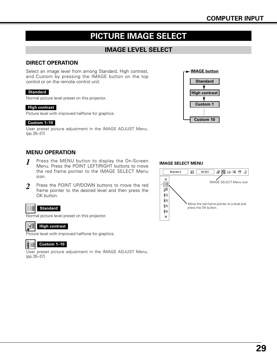 Picture image select, Image level select, Computer input | Canon LV-7575 User Manual | Page 29 / 63