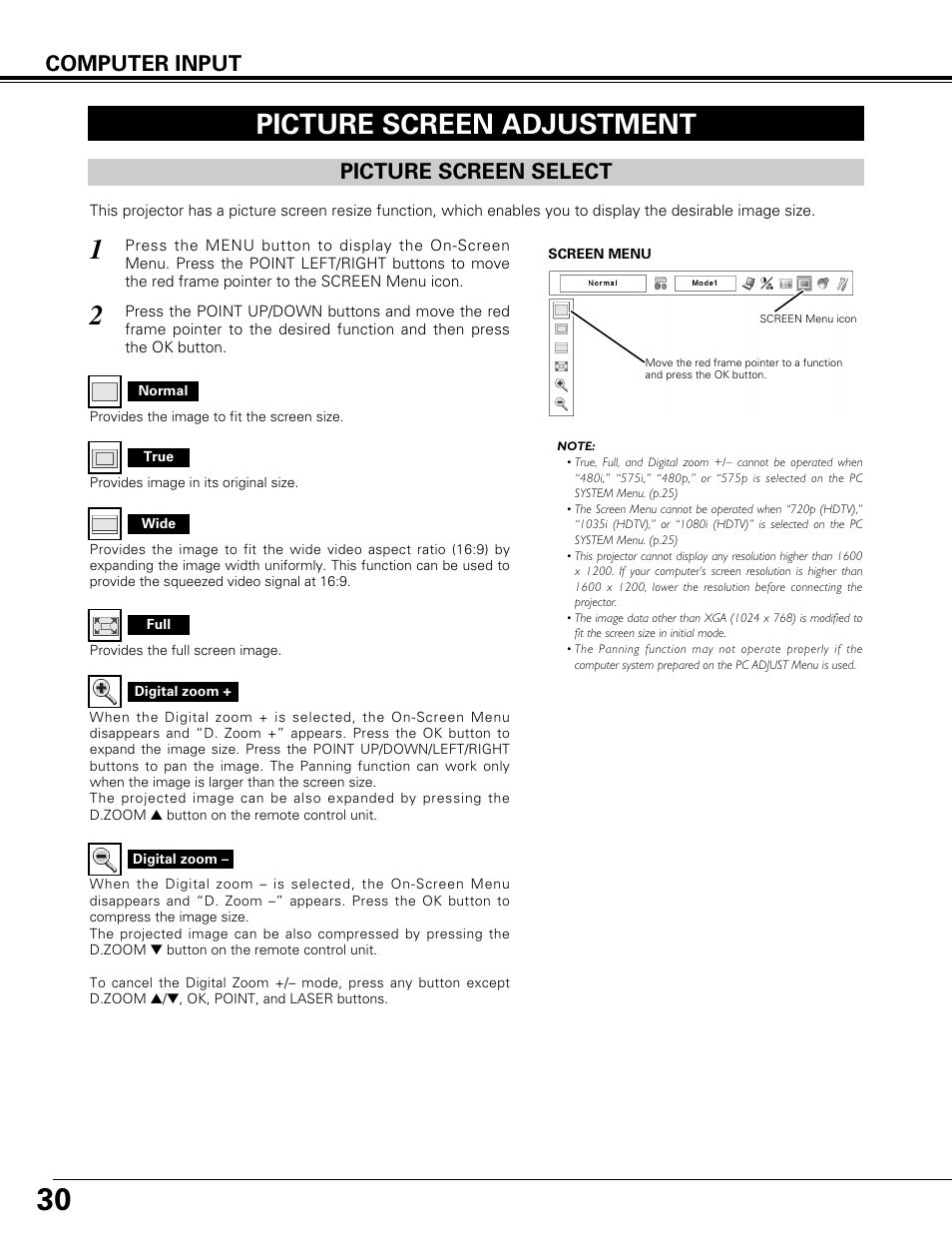 Picture screen adjustment, Picture screen select, Computer input | Canon LV-7575 User Manual | Page 30 / 63