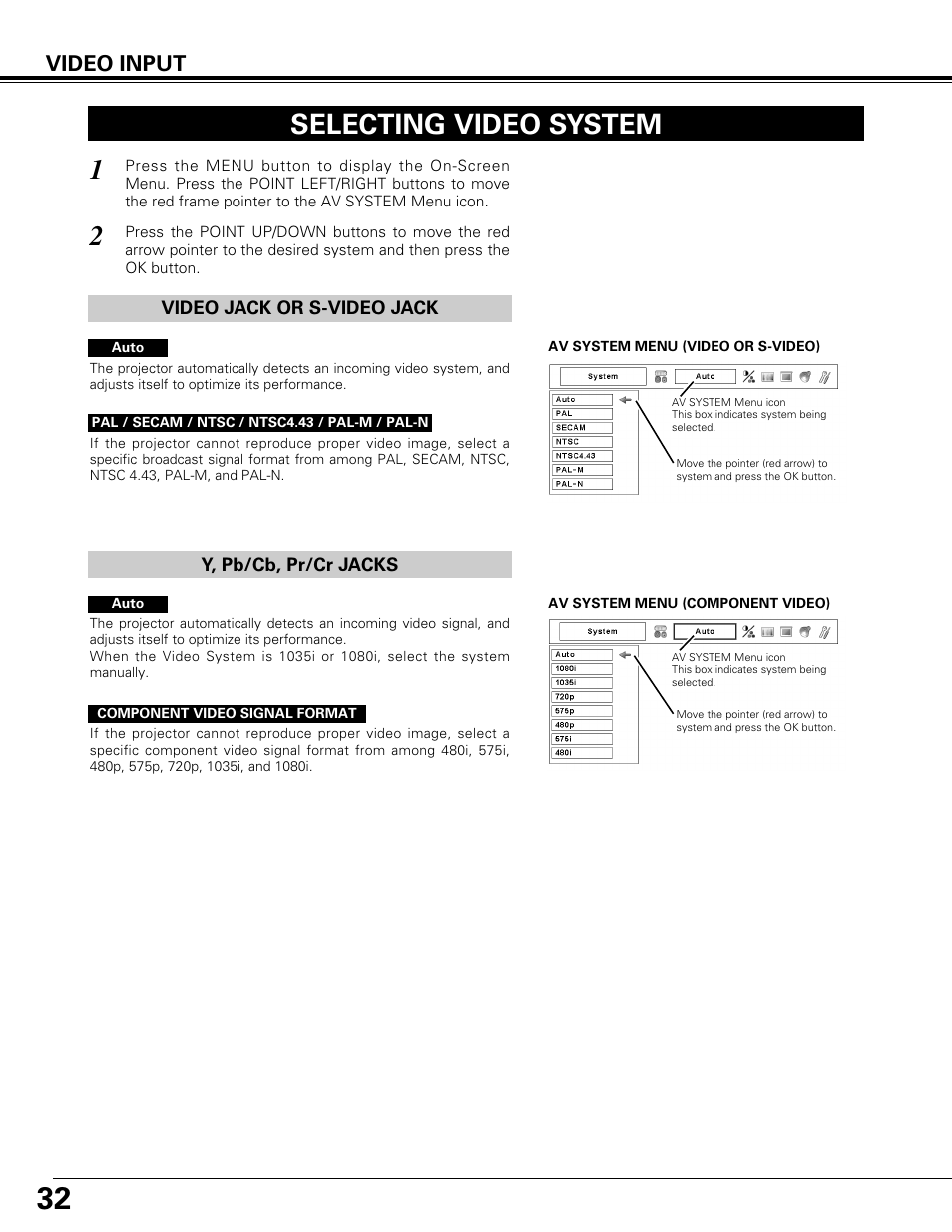 Selecting video system, Video input | Canon LV-7575 User Manual | Page 32 / 63