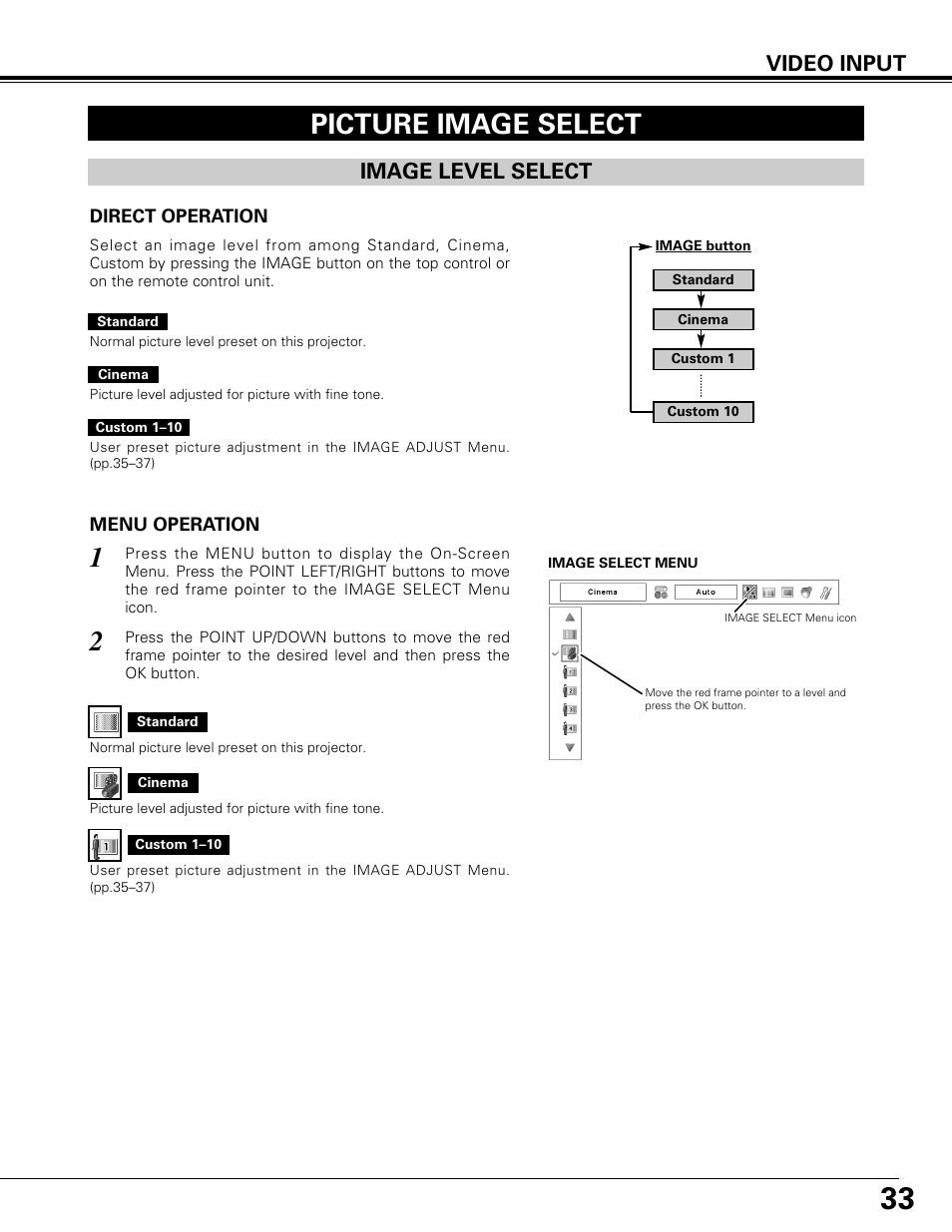 Picture image select, Image level select, Video input | Canon LV-7575 User Manual | Page 33 / 63