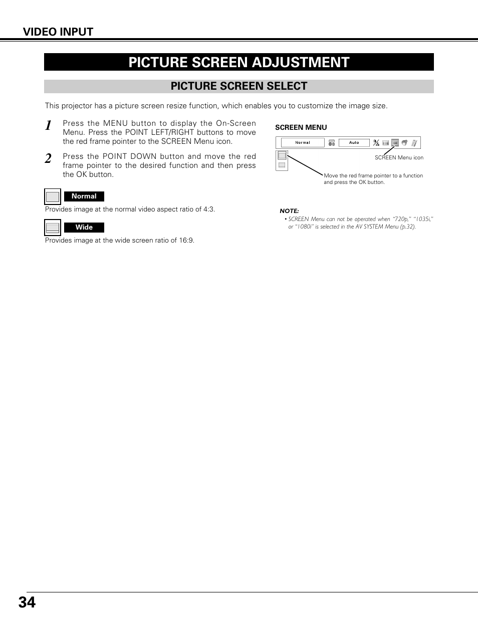 Picture screen adjustment, Picture screen select, Video input | Canon LV-7575 User Manual | Page 34 / 63