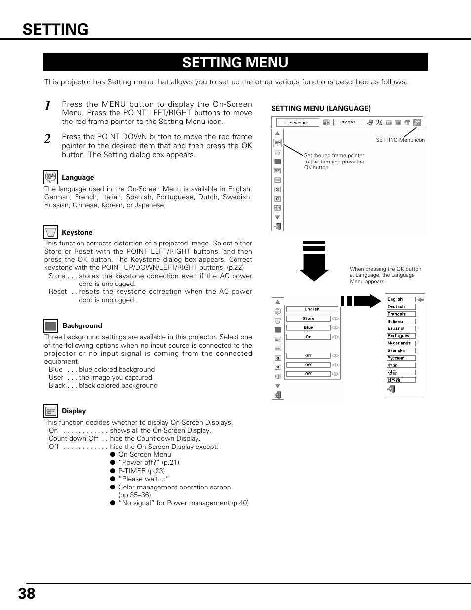 Setting, Setting menu | Canon LV-7575 User Manual | Page 38 / 63