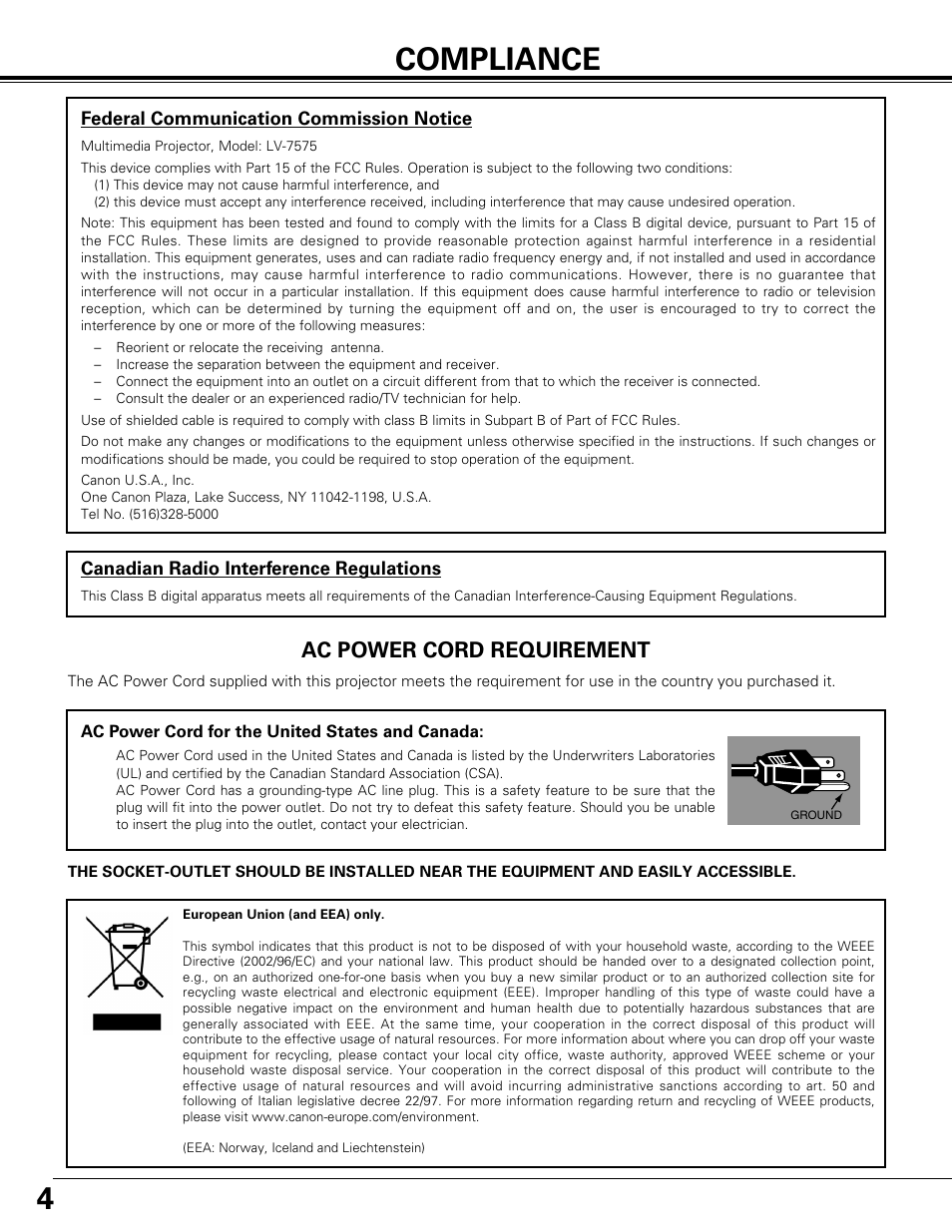 Compliance, 4compliance, Ac power cord requirement | Canon LV-7575 User Manual | Page 4 / 63