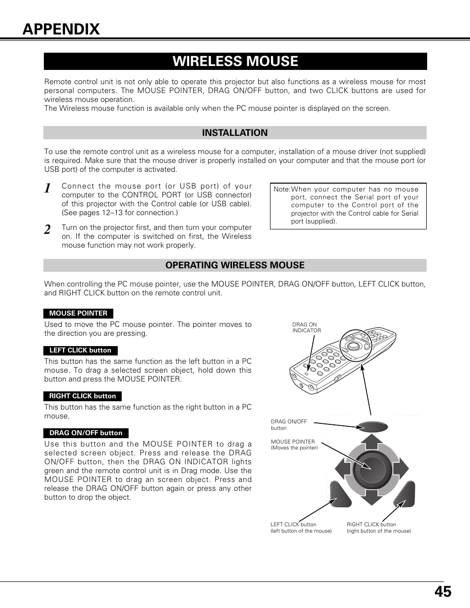 Appendix, Wireless mouse | Canon LV-7575 User Manual | Page 45 / 63