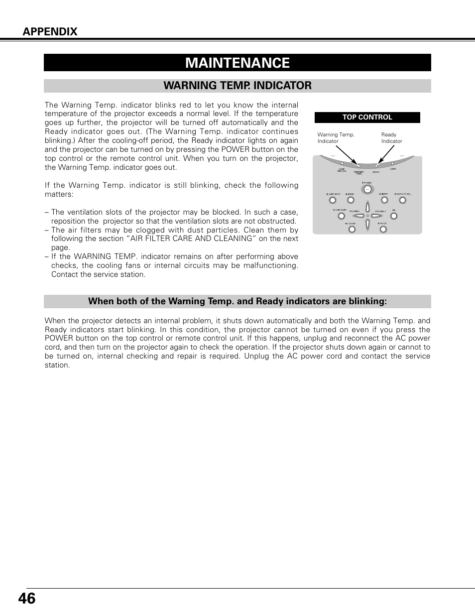 Maintenance, Warning temp. indicator, Appendix | Canon LV-7575 User Manual | Page 46 / 63