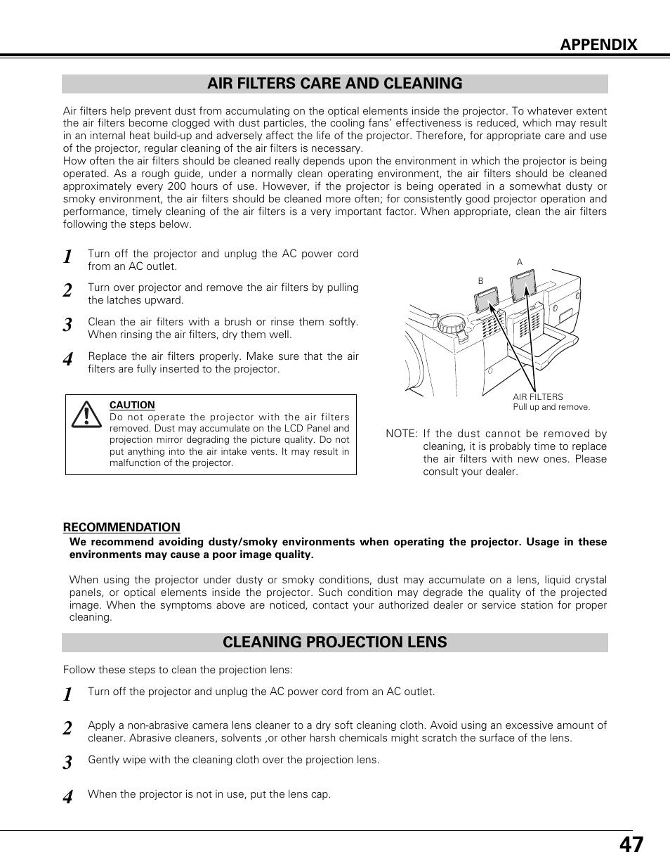 Air filters care and cleaning, Cleaning projection lens | Canon LV-7575 User Manual | Page 47 / 63