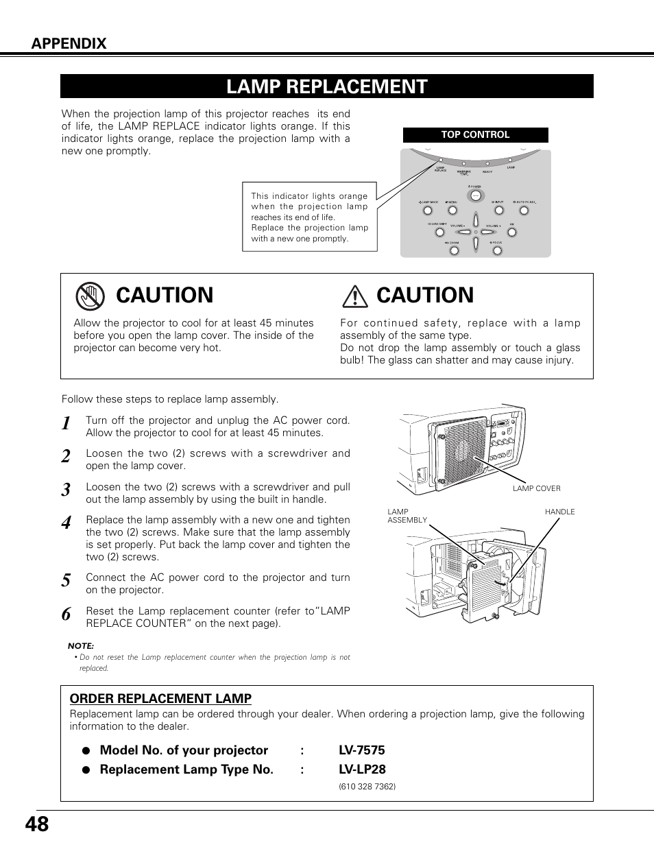 Lamp replacement, Caution | Canon LV-7575 User Manual | Page 48 / 63