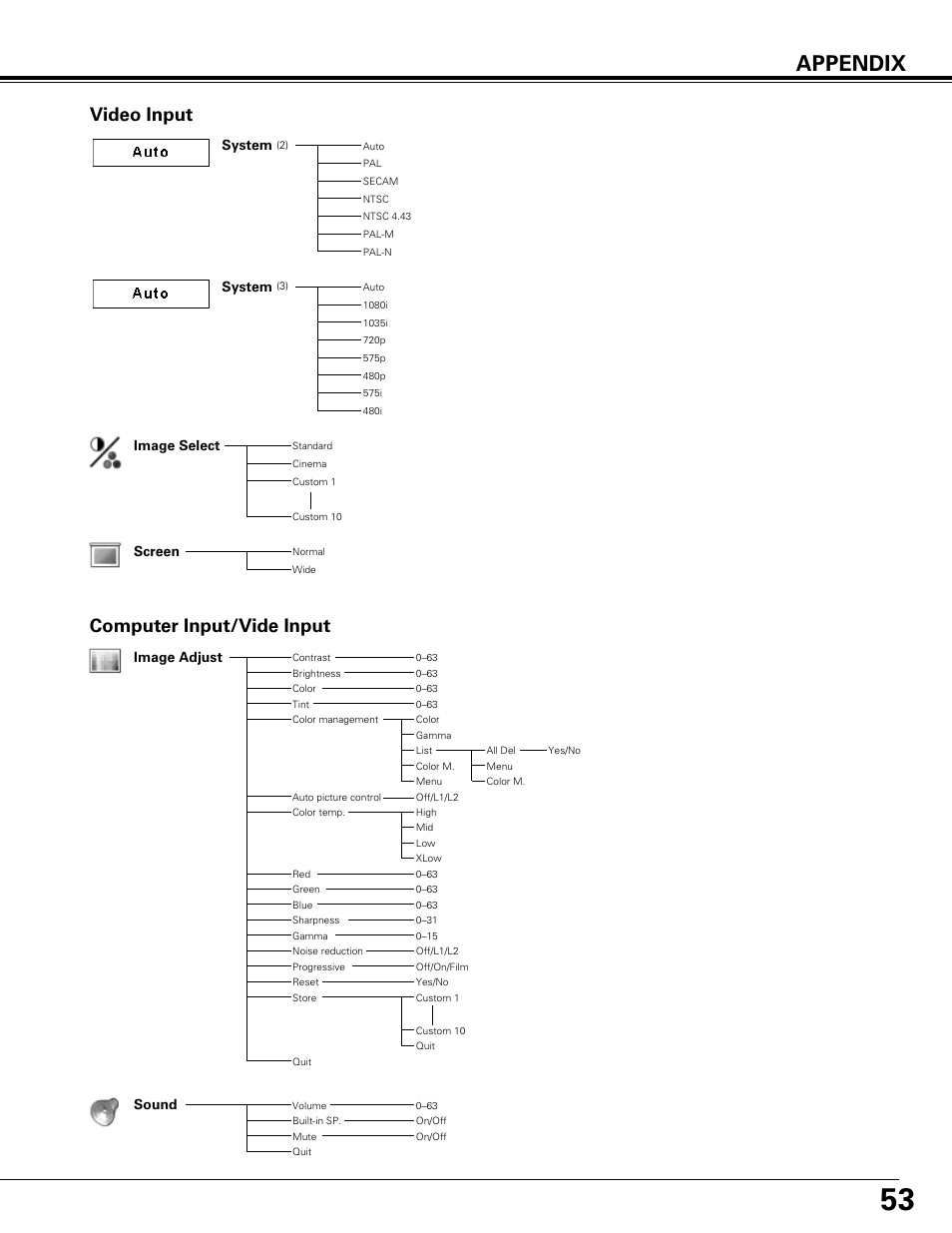 Appendix, Video input, Computer input/vide input | Canon LV-7575 User Manual | Page 53 / 63