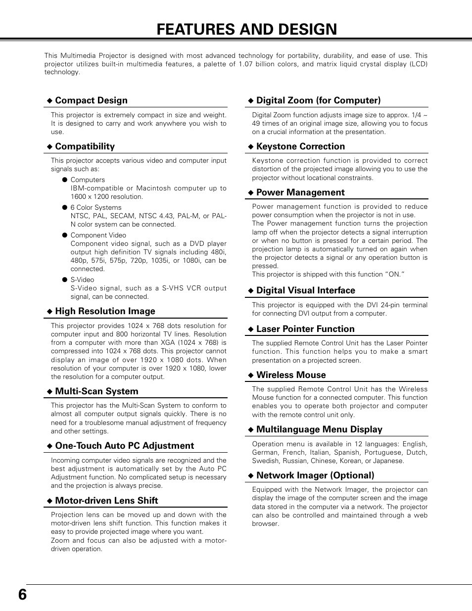 Features and design, 6features and design | Canon LV-7575 User Manual | Page 6 / 63