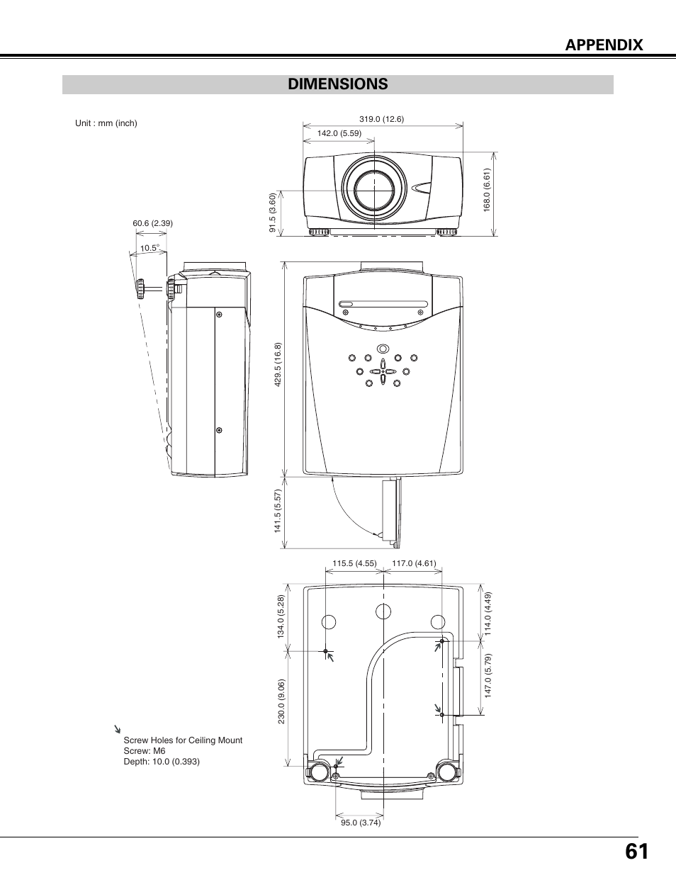 Dimensions, Appendix dimensions | Canon LV-7575 User Manual | Page 61 / 63