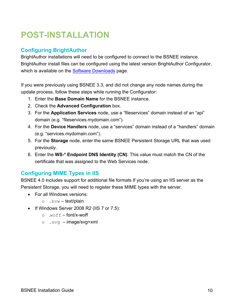 Post-installation, Configuring brightauthor, Configuring mime types in iis | BrightSign BSNEE Upgrade Guide v.4.0 User Manual | Page 12 / 12