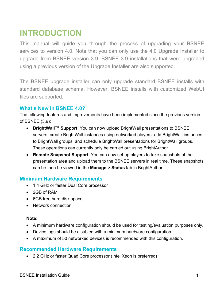 Introduction, What’s new in bsnee 4.0, Minimum hardware requirements | Recommended hardware requirements | BrightSign BSNEE Upgrade Guide v.4.0 User Manual | Page 3 / 12