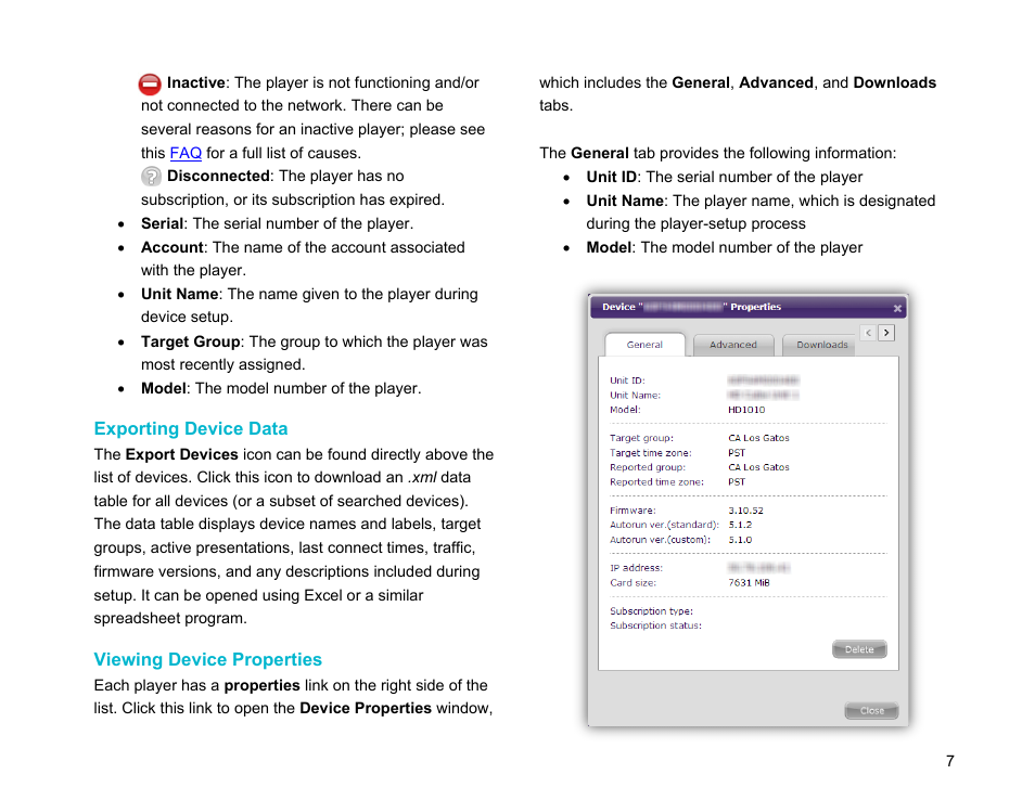 Exporting device data, Viewing device properties | BrightSign BSNEE Application Admin Guide v.3.9 User Manual | Page 10 / 27