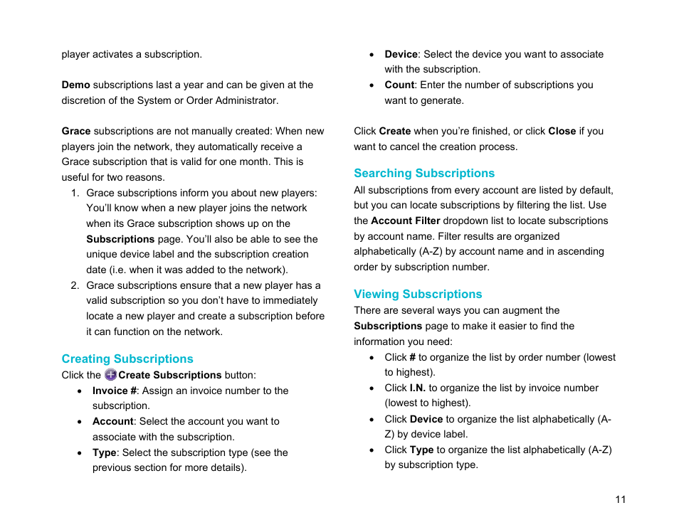 Creating subscriptions, Searching subscriptions, Viewing subscriptions | BrightSign BSNEE Application Admin Guide v.3.9 User Manual | Page 14 / 27