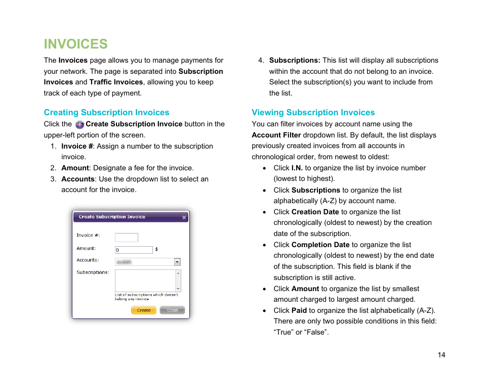 Invoices, Creating subscription invoices, Viewing subscription invoices | BrightSign BSNEE Application Admin Guide v.3.9 User Manual | Page 17 / 27