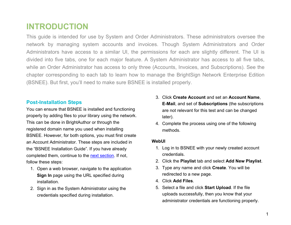 Introduction, Post-installation steps | BrightSign BSNEE Application Admin Guide v.3.9 User Manual | Page 4 / 27