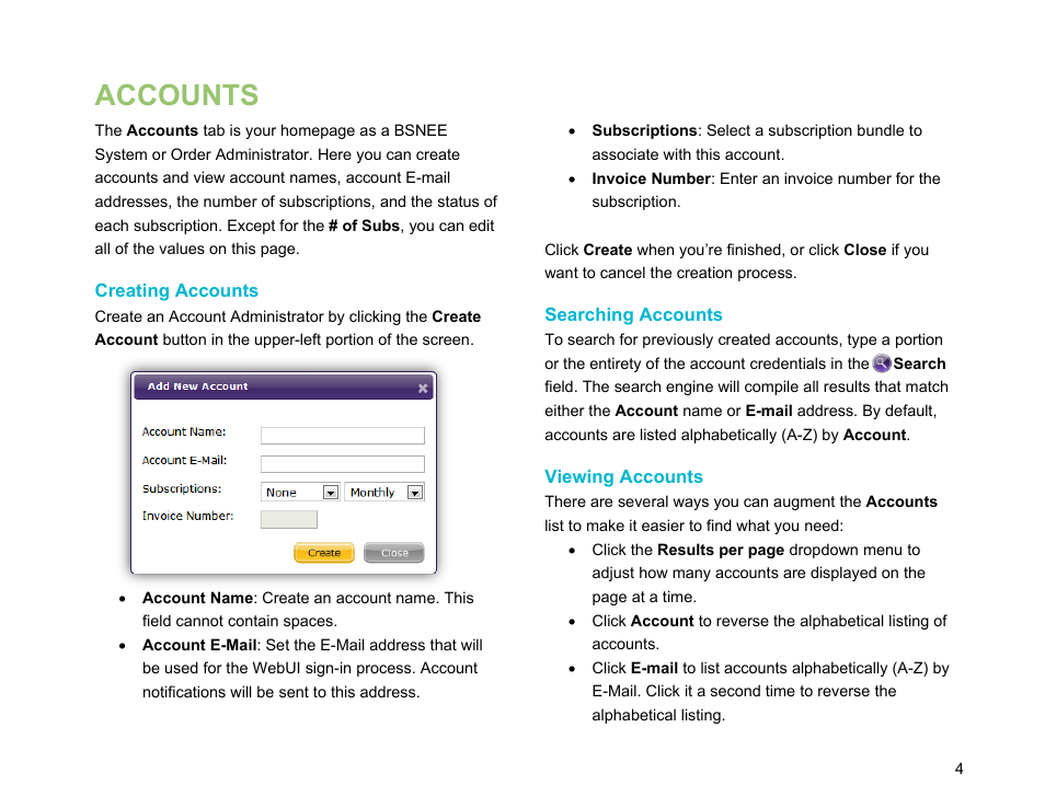 Accounts, Creating accounts, Searching accounts | Viewing accounts | BrightSign BSNEE Application Admin Guide v.3.9 User Manual | Page 7 / 27