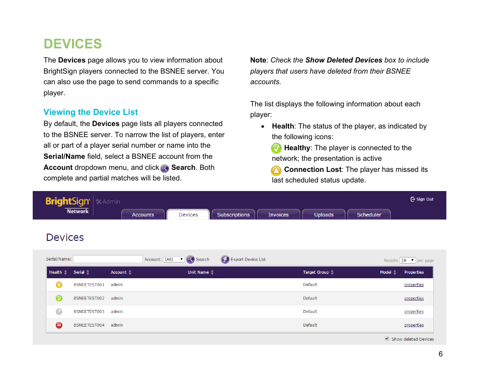 Devices, Viewing the device list | BrightSign BSNEE Application Admin Guide v.3.9 User Manual | Page 9 / 27