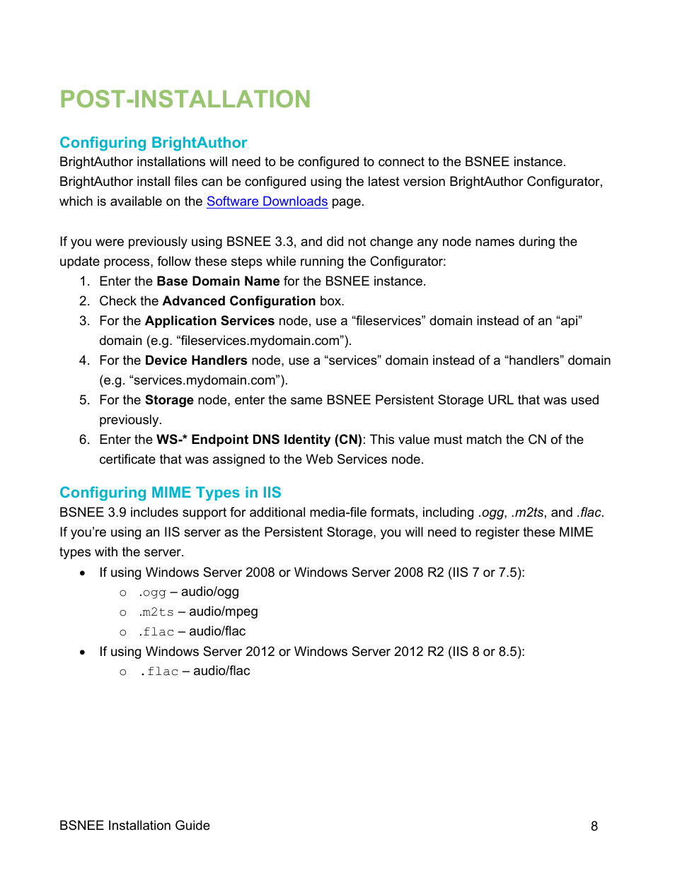 Post-installation, Configuring brightauthor, Configuring mime types in iis | BrightSign BSNEE Upgrade Guide v.3.9 User Manual | Page 10 / 10