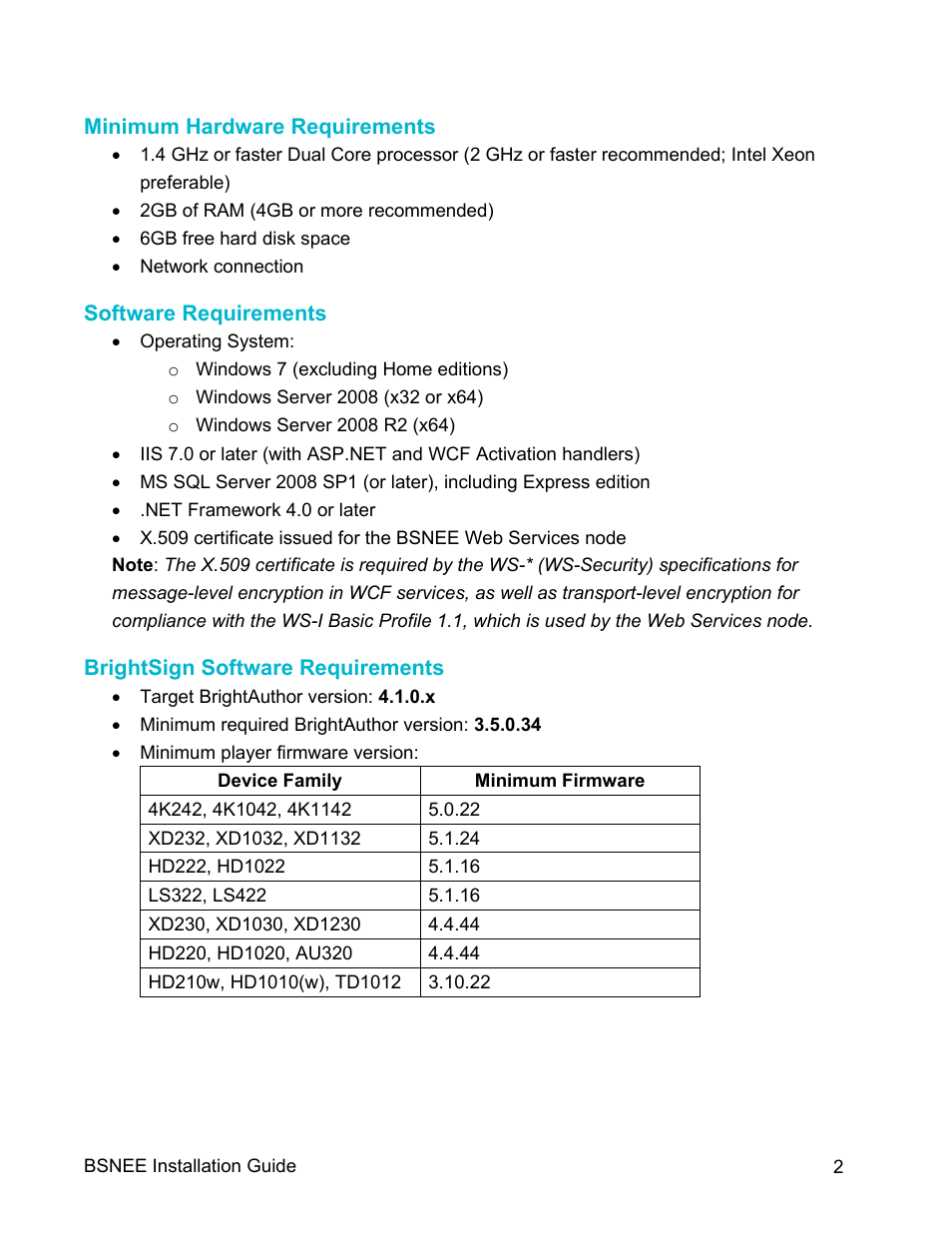 Minimum hardware requirements, Software requirements, Brightsign software requirements | BrightSign BSNEE Upgrade Guide v.3.9 User Manual | Page 4 / 10
