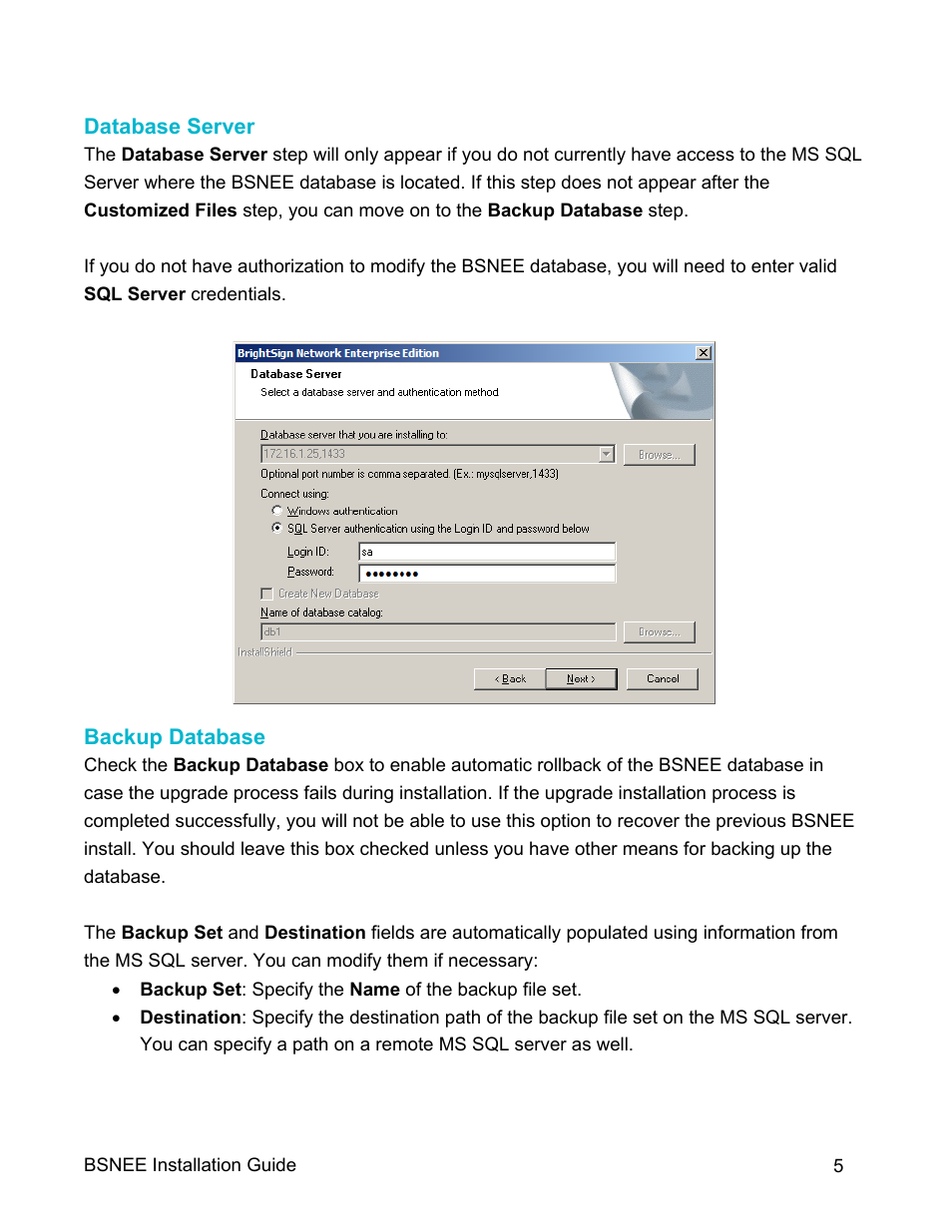 Database server, Backup database | BrightSign BSNEE Upgrade Guide v.3.9 User Manual | Page 7 / 10