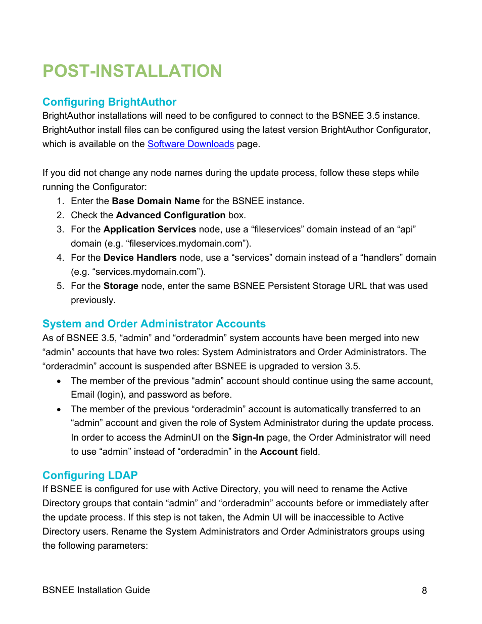 Post-installation, Configuring brightauthor, System and order administrator accounts | Configuring ldap | BrightSign BSNEE Upgrade Guide v.3.5 User Manual | Page 10 / 11