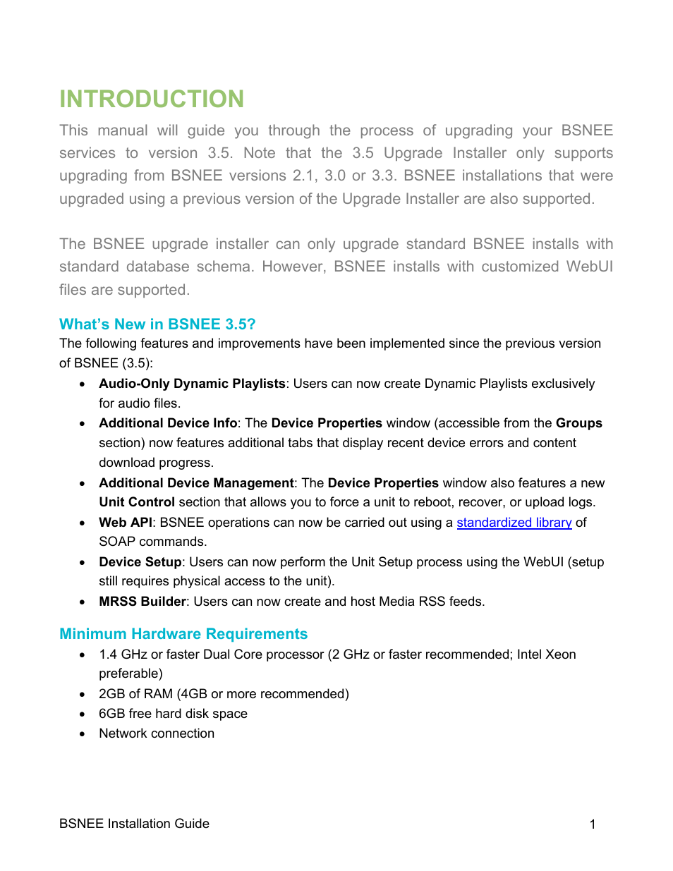 Introduction, What’s new in bsnee 3.5, Minimum hardware requirements | BrightSign BSNEE Upgrade Guide v.3.5 User Manual | Page 3 / 11
