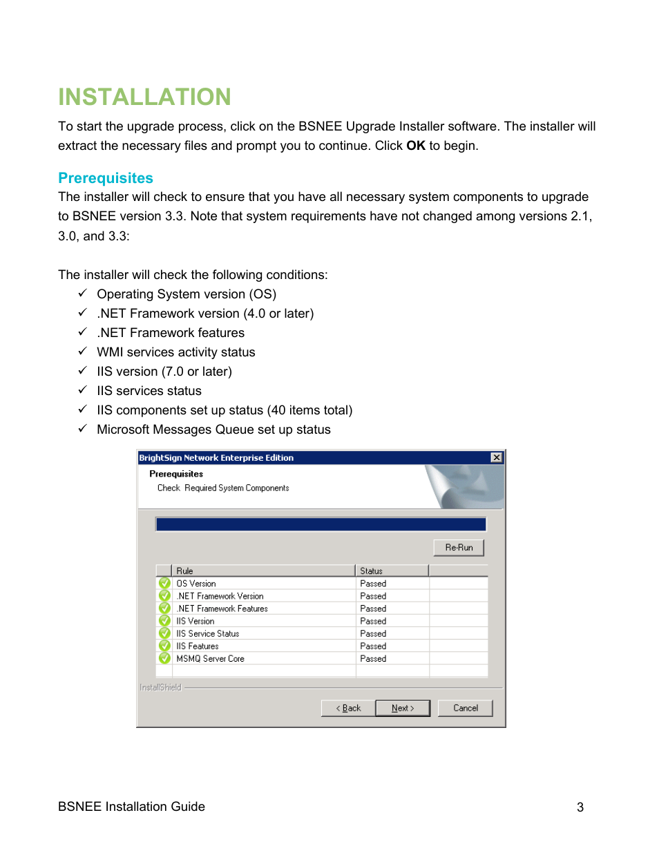 Installation, Prerequisites | BrightSign BSNEE Upgrade Guide v.3.5 User Manual | Page 5 / 11