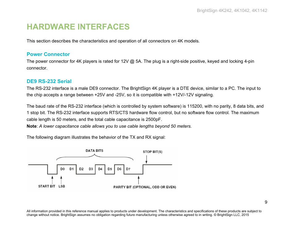 Hardware interfaces, Power connector, De9 rs-232 serial | BrightSign 4K242 Hardware User Manual | Page 13 / 27