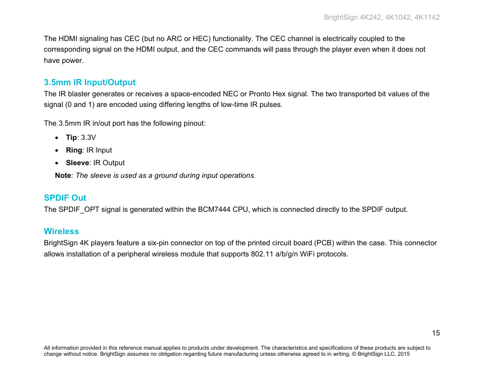 5mm ir input/output, Spdif out, Wireless | BrightSign 4K242 Hardware User Manual | Page 19 / 27