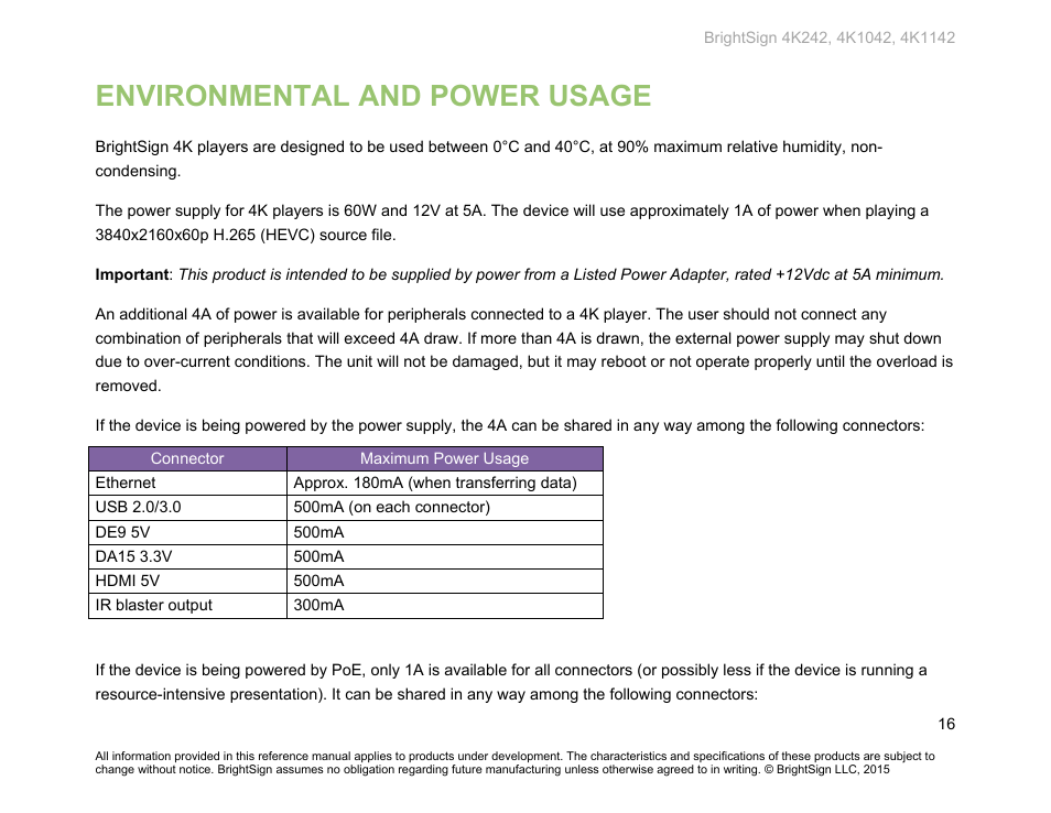 Environmental and power usage | BrightSign 4K242 Hardware User Manual | Page 20 / 27