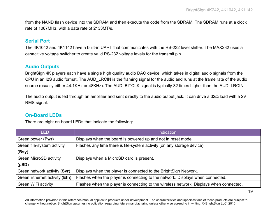 Serial port, Audio outputs, On-board leds | BrightSign 4K242 Hardware User Manual | Page 23 / 27