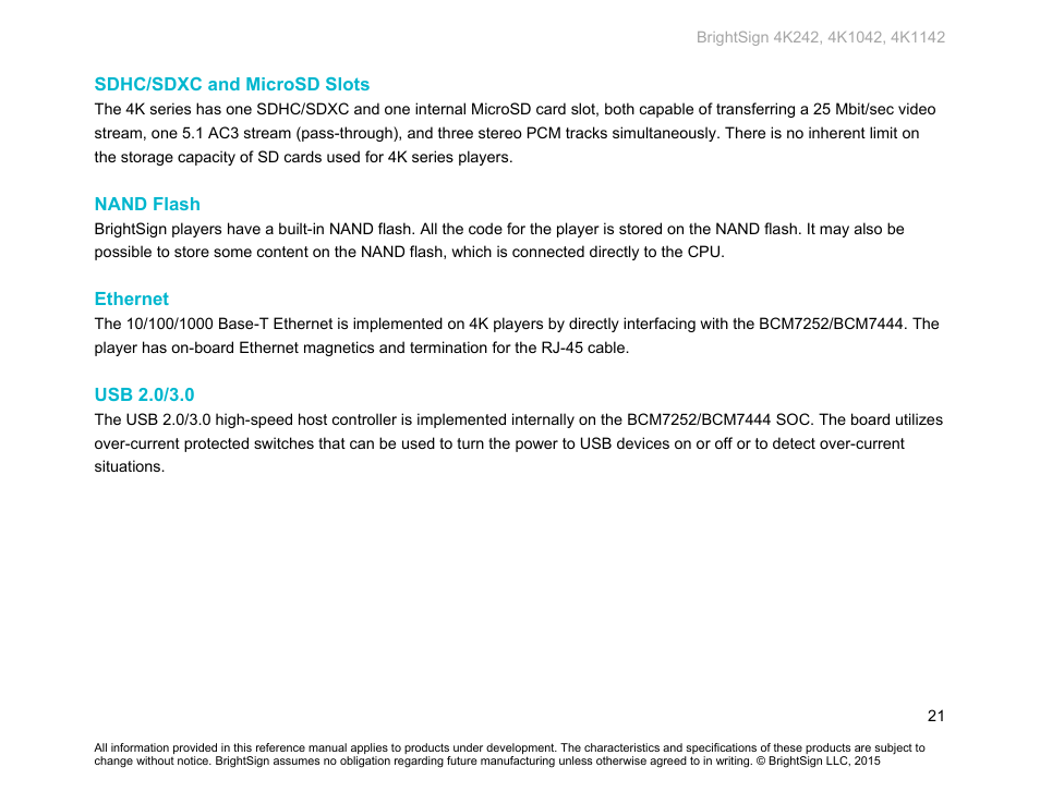 Sdhc/sdxc and microsd slots, Nand flash, Ethernet | Usb 2.0/3.0 | BrightSign 4K242 Hardware User Manual | Page 25 / 27