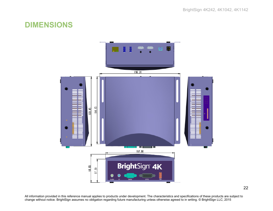 Dimensions | BrightSign 4K242 Hardware User Manual | Page 26 / 27