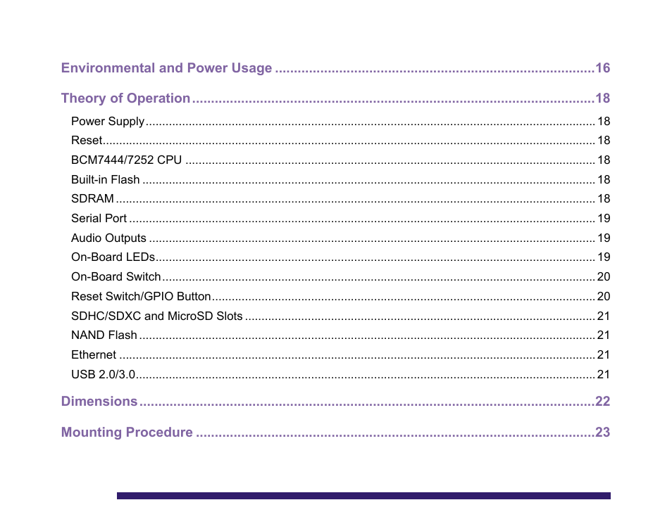 Environmental and power usage, Theory of operation, Dimensions | Mounting procedure | BrightSign 4K242 Hardware User Manual | Page 3 / 27