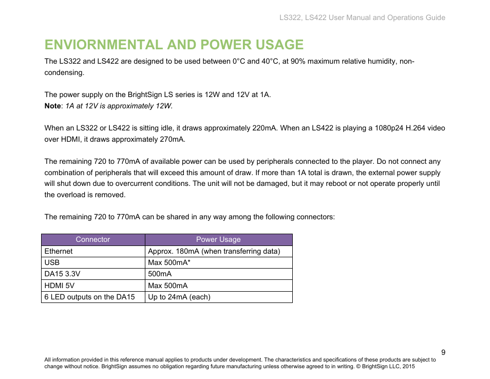 Enviornmental and power usage | BrightSign LS322 Hardware User Manual | Page 12 / 16